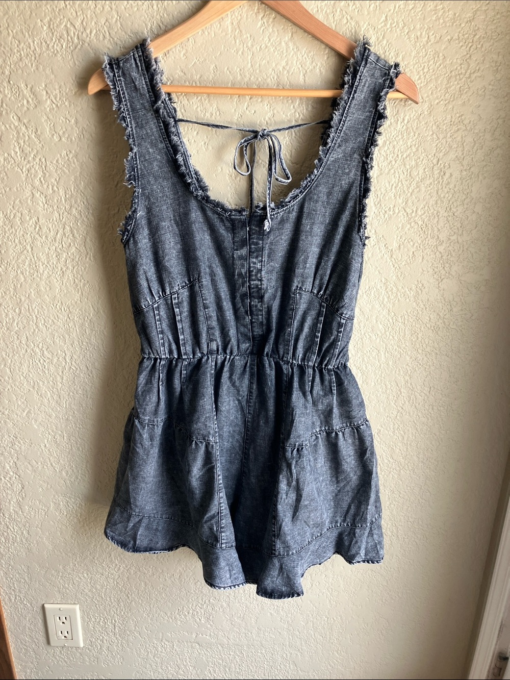 Frayed Edge Denim Romper in Washed Navy